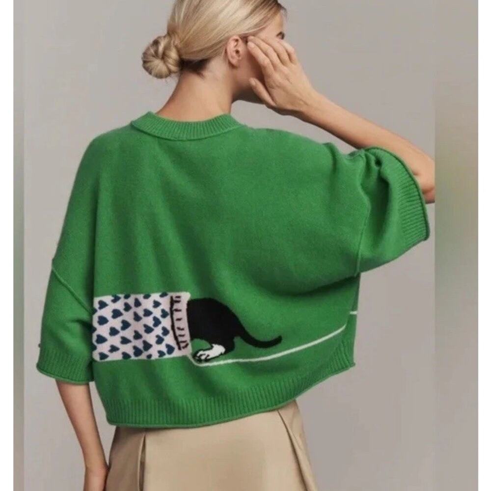 NWT Anthropologie Goldie 100% Cashmere Green Dachschund Sweater Size L Novelty - Picture 2 of 12